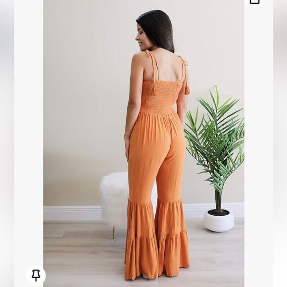 Main Strip- Women’s Golden Mustard Maggie Festival Smocked Jumpsuit Wide Leg, Lg - Picture 9 of 16